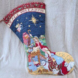 Vintage Susan Winget Peace on Earth Nativity Jumbo Christmas Stocking w/Beads